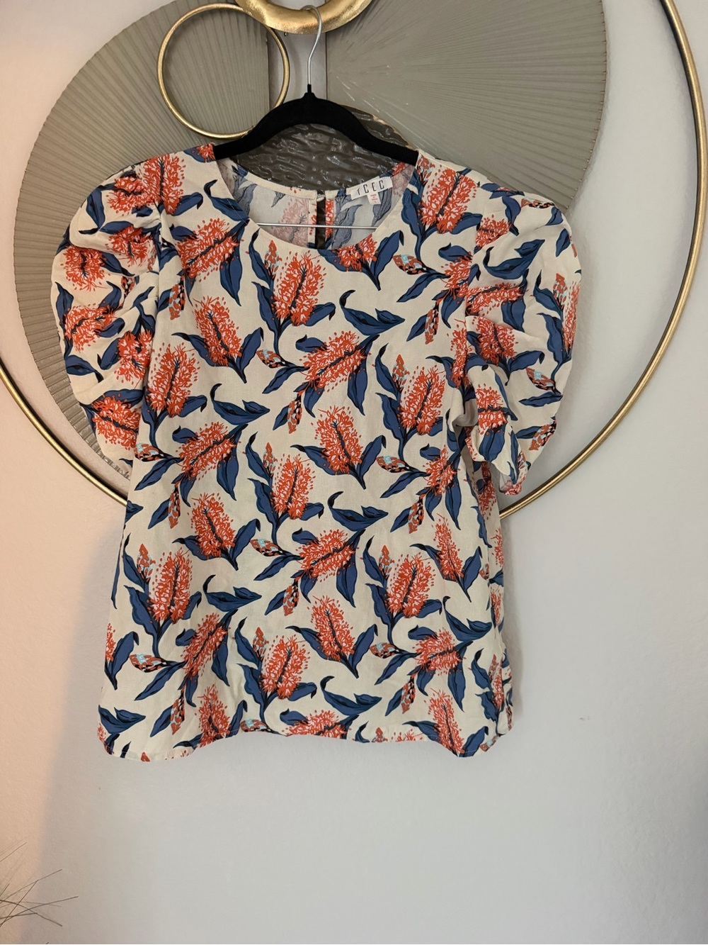 TCEC Cream Blouse with Coral Floral & Navy Leaves